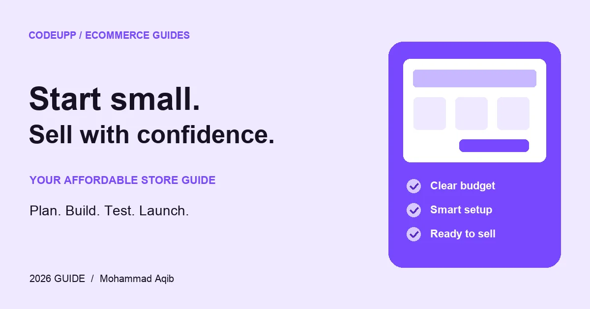 Affordable eCommerce website guide with storefront and budget checklist illustration