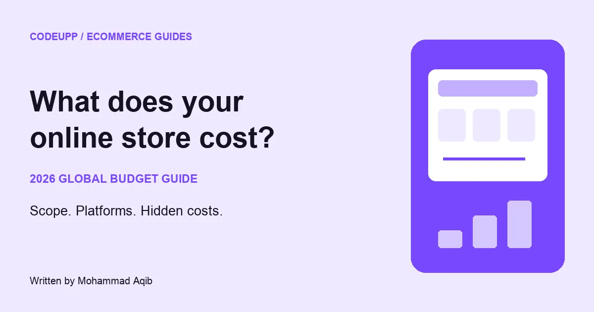 Custom eCommerce website cost guide for 2026 with store and budget illustration