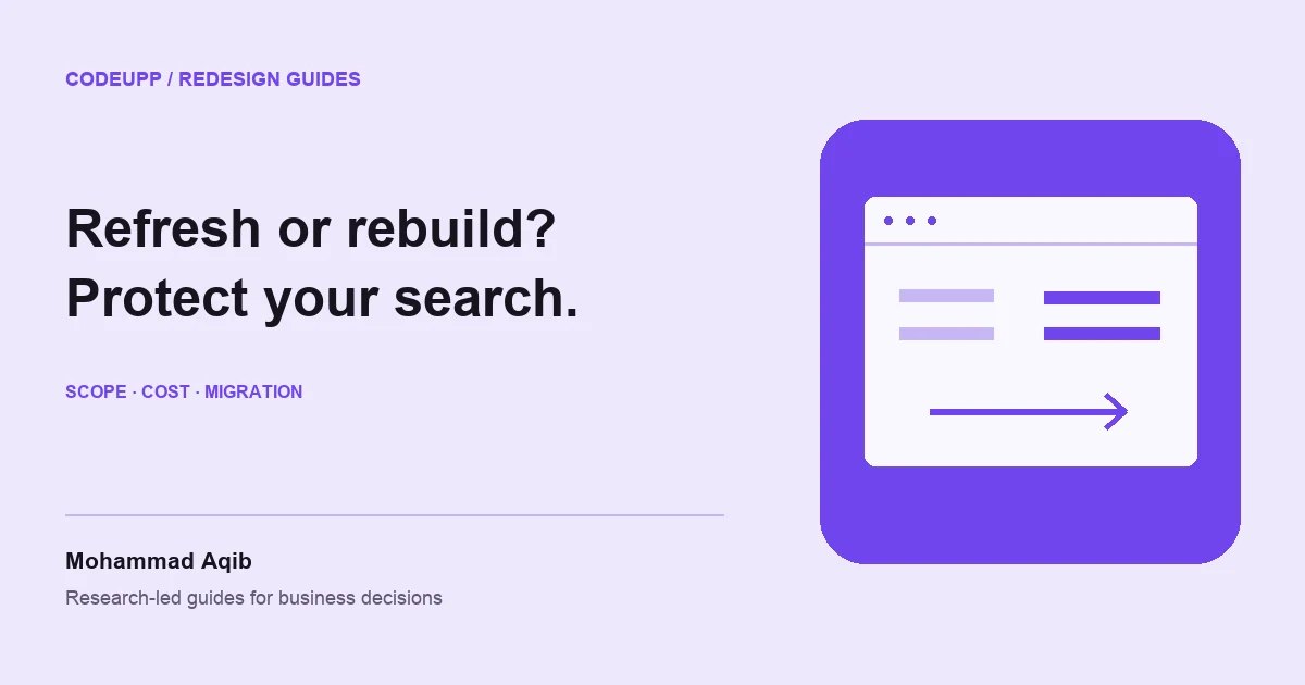 Old and redesigned website layouts connected by a migration arrow on lavender
